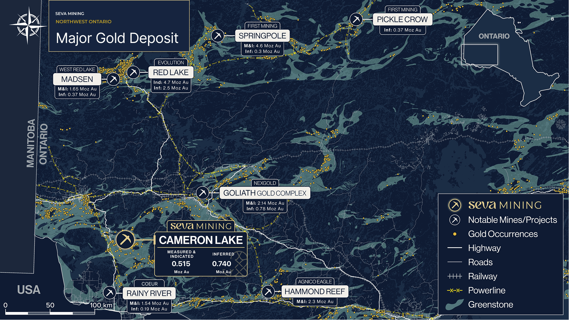 Seva Regional Greenstone Belt map showing Cameron Lake, Red Lake, and surrounding gold deposits
