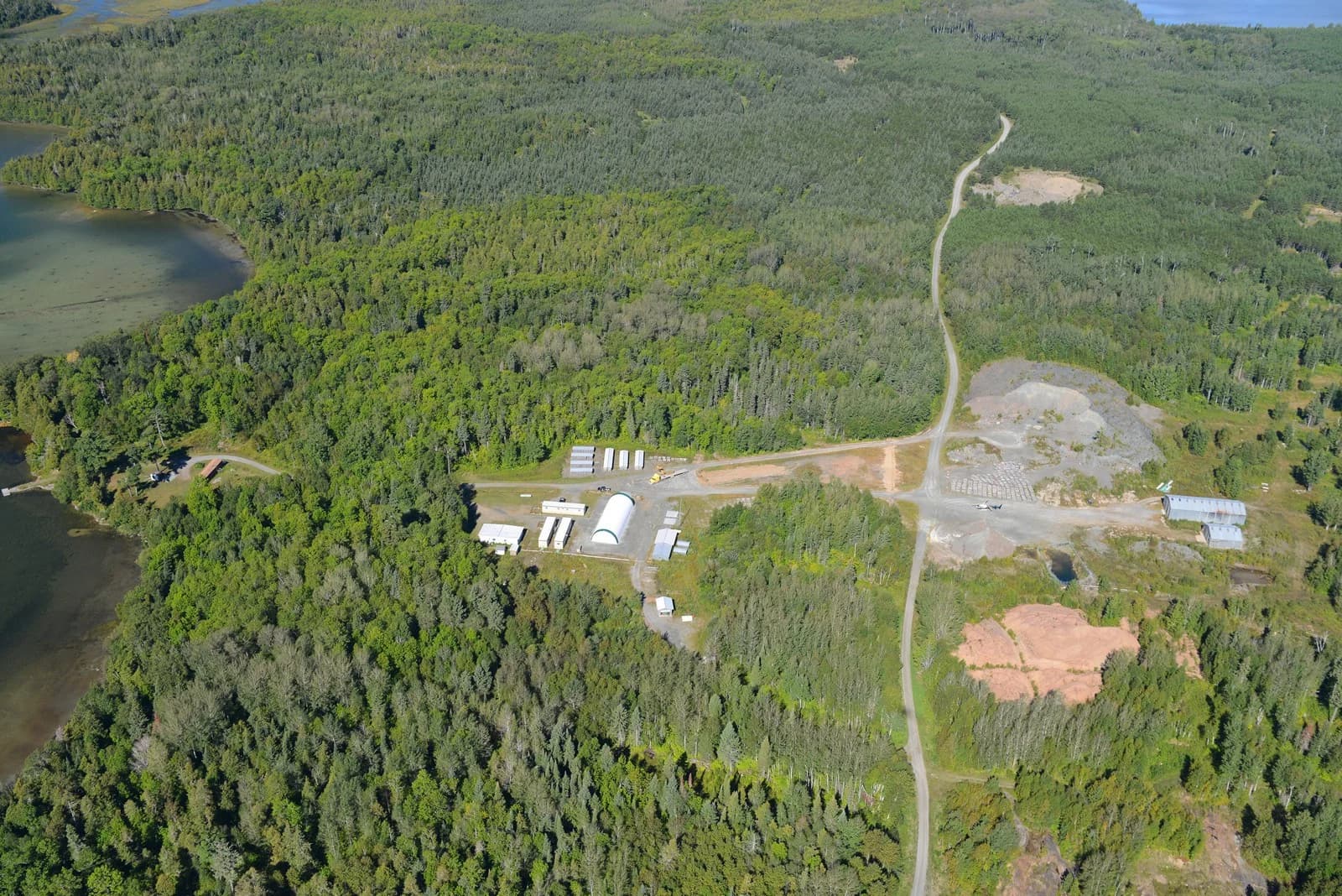 Aerial view of Cameron Lake camp and surrounding boreal forest